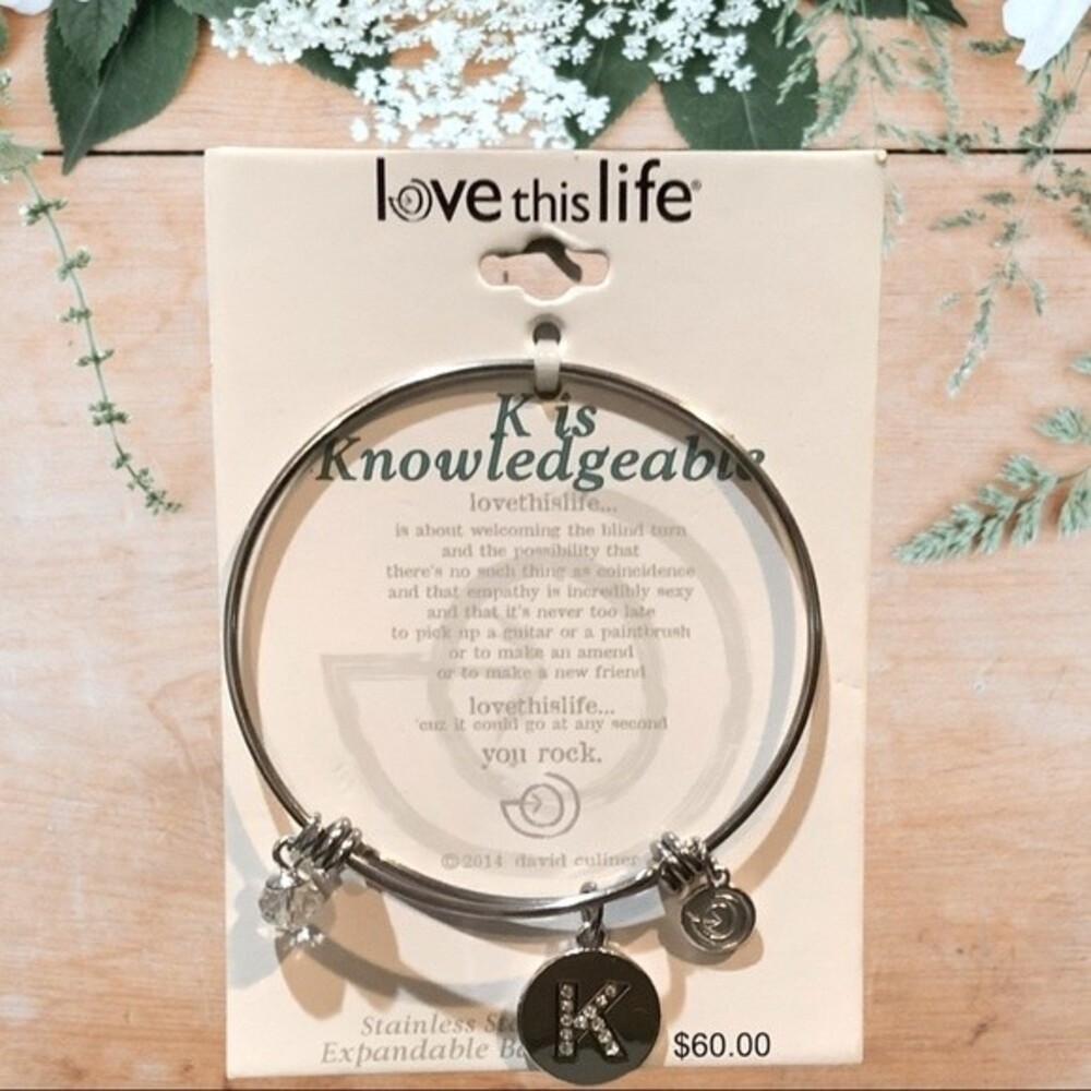 VTG Y2K Love This Life Expandable Rhinestone Initial "K" Charm Bracelet -  NEW
